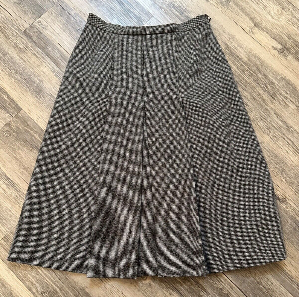 Vtg 100% Wool A-line Pleated Brown Houndstooth Skirt Women’s Size 8 See Measure